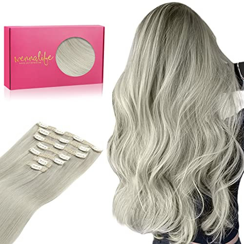 WENNALIFE Extensiones Clip Pelo Natural, 60cm 120g 7 Piezas, Gris Extensiones de Clip Natural Extensiones Pelo Remy Extensiones Cabello Postizos Mujer