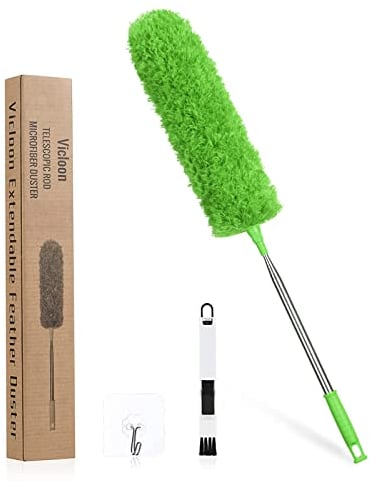 Vicloon Staubwedel Teleskop, Staubwischer Mikrofaser Bis 243cm Länge, mit Edelstahl Teleskop Stange, Waschbar Verbiegbare Eckbesen, Entfernt Mühelos Staub(Grün)