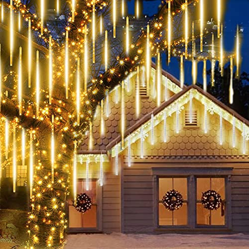 KINGCOO 360LED Meteor Shower Solar Lights Garden, Waterproof 30cm 10Tubes Falling Raindrop Cascading Icicle Decorative String Lights for Holiday Party Wedding Christmas Tree Decoration(Warm White)