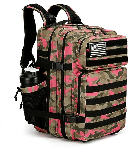 KXBUNQD Militärischer taktischer Rucksack für Herren, Molle-Tagesrucksack, 45 l, 3 Tage, großer Rucksack mit Molle-System-Tasche, Pinkfarbenes Camouflage-Muster