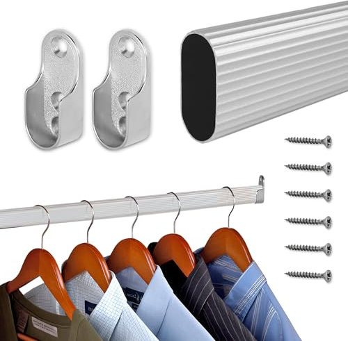 AZERODESIGN- Barra Armario- Ovalada- Barra para Colgar Ropa -Color Aluminio Cromo Mate -Incluye Soporte y Tornillos - Fácilmente Recortable - 80 kg de Resistencia (1MT)