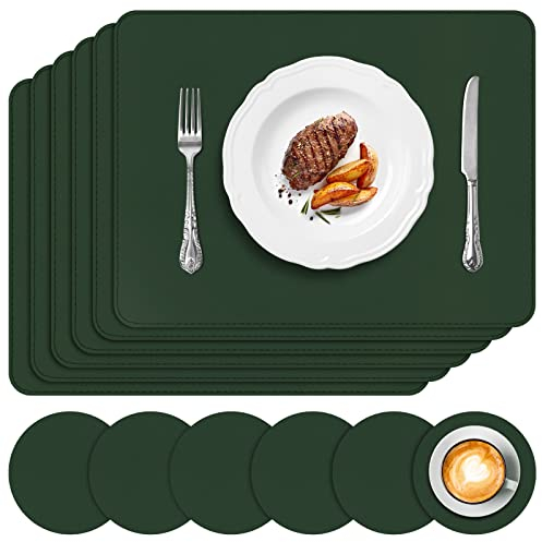 APLKER Tischset Leder 6er Set - Kunstleder Platzset Abwaschbar, Hitzebeständig Doppelseitigen Wasserdicht Platzdeckchen Lederoptik mit Tischuntersetzer rutschfest, 16 x 12 Zoll, Grün