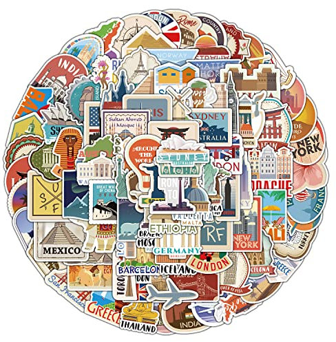 100Pcs Travel Map Stickers Laptop Car Scrapbook Phone Skateboard World City Tourist Travel Country Stickers Vinyl Waterproof Aesthetic Personalised Stickers for Teens Boys Girls Adults Children
