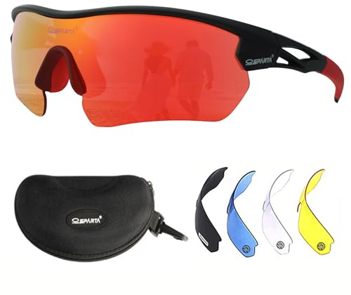 OUTDOORSPARTA Sport Sonnenbrille(1. Schwarzer Rahmen, Volle Linse Gespiegelt Rot)