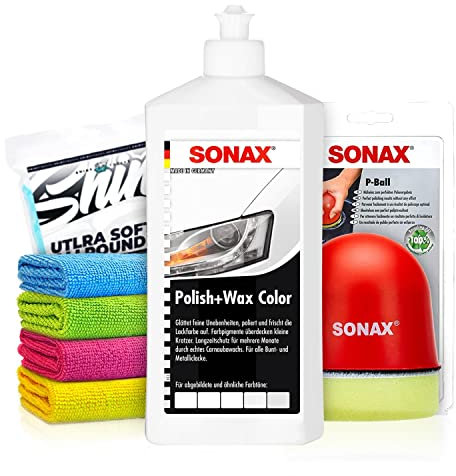 Politurset: SONAX Polish+Wax Color weiß (500 ml) Auto Politur mit weißen Farbpigmenten und Wachsanteilen +Applikator + Mikrofasertücher | mühelos und schnell zum perfekten Polierergebnis | 6-Teilig