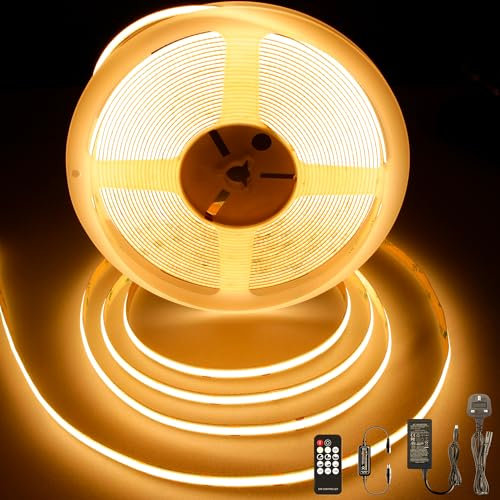 BERIXDEEP COB LED Strip 10m, 384 LEDs/M, High Density Dotless LED Tape with Remote and Power Supply, DC24V, CRI>92, 8mm Width, Warm White LED Strip Lights for Wall, Living Room, Skirting Boards 2700K