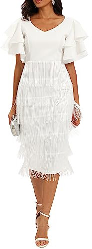 VERWIN Women's Fringe Maxi High Waist V Neck Tiered Tassels Dress With Ruffles Sleeve Bodycon Prom XL White
