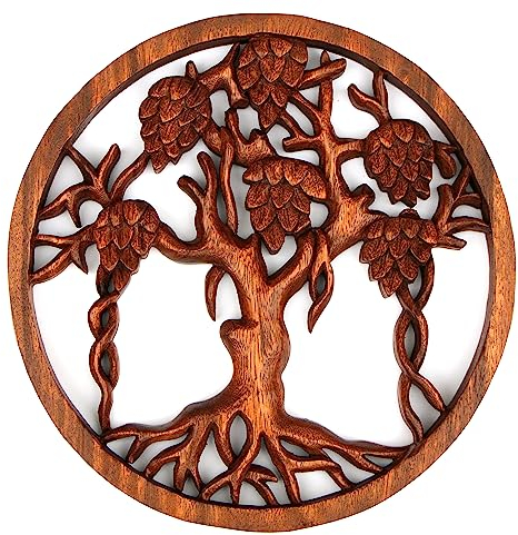 Wogeka - Super schönes 29 cm Baum Relief - Handarbeit aus Holz geschnitzt als besondere Geschenk-Idee für Asia Fans zu Geburtstag, Weihnachten zur Wand-Deko Dragon Feng Shui Baum mit Zapfen Rel41