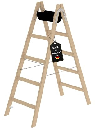 PROREGAL Sprossen-Stehleiter Holz mit Werkzeugablage | 2x5 Sprossen | Leiter, Teleskopleiter, Trittleiter, Bockleiter, Sprossen-Doppelleiter