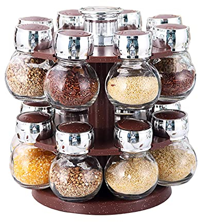 AidiOn 16 Set Glass Jars Set,Rotating Herb And Spice Carousel -Spice Rack Solutionfor Home Kitchen Tea Herbs Pasta Coffee Flour Herbs Grains