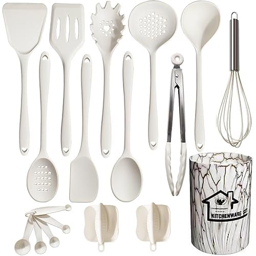 UXIYI Silicone Utensil Set Kitchen Utensils, 18pcs Cooking Utensils Set, Including Turner Spatula Tong Spoon Non-Stick Heat Resistant Cooking Gadgets,White