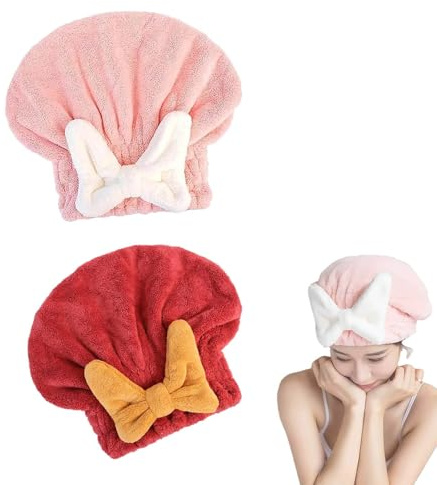 Super Absorbent Hair Towel Wrap for Wet Hair, 2PCS Quick Dry Microfiber Hair Towel with Bow-Knot Shower Cap (Red+Pink)