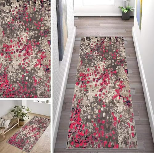 ZUZEKU Tapis de couloir abstrait multicolore lavable antidérapant 80 x 300 cm vintage rose et marron long tapis de cuisine couloir couloir salon chambre au mètre réglable