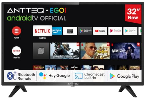 Antteq AG32H3 Smart TV 32 Zoll (Fernseher 80 cm) Android TV, Google Bluetooth Sprachassistent,Triple Tuner (DVB-C/S2/T2),kompatibel mit Google Play Store (DAZN/Netflix/Prime Video),WiFi