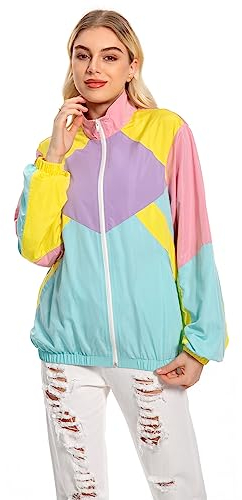 Seaehey 80er Jahre Jacke Trainingsjacke Damen Retro Trainingsanzug Tracksuit Sportswear Bunt Mantel Hip-Hop Disco 80er 90er Jahre Outfit Karneval Mottoparty