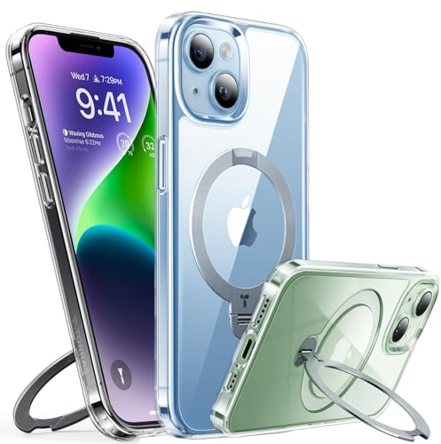 TORRAS 360° Ostand Spin für iPhone 14/13 Hülle (Magnetischer Robust Ständer) Zertifizierte Militärschutz, MagSafe Kompatibel, Stabil für Video/Office Diamant-Klar Anti-Vergilbung Transparent