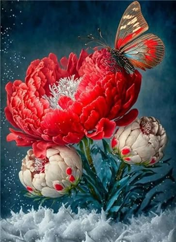 Senyanr 5D Diamond Art Kits for Adults Butterfly Peony Red,DIY Round Full Drill Diamond Painting Kits for Adults Beginners,Crystal Cross Stitch Canvas Art Painting for Home Wall Decor 50x70cm