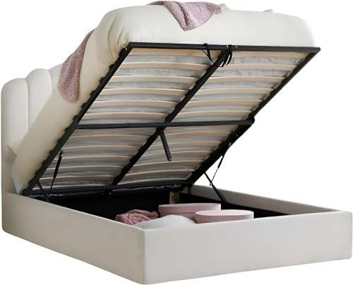 Cream Bed Frame with 49 Headboard, Teddy Fleece Ottoman Storage, Upholstery - Comfortable and Stylish Bed Frame (4FT Small Double)