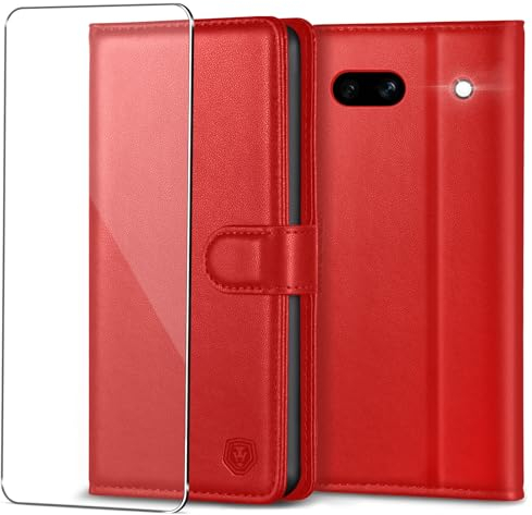 Handyhülle für Google Pixel 7A Hülle mit Panzerglas Schutzfolie Premium PU Leder Pixel 7A Klapphülle Brieftasche Kartenfach Ständer Magnet Handytasche Case Schutzhülle für Google Pixel 7A - Rot