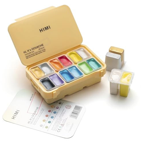 HIMI Juego de pintura Gouache de 12 colores, 12 ml, diseño de taza de gelatina, transporte de viaje, pintura gouache no tóxica para lienzo y papel, Cosas para Pintar, Suministros de Arte