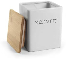 MECSAL CASALINGHI Barattolo Biscottiera, Porta Biscotti, Contenitore Cucina, in Ceramica quadrato, Tappo in Legno, bianco