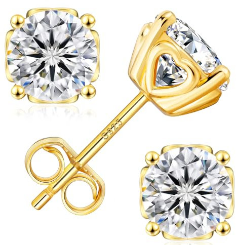 KRKC Moissanite Ohrringe für Damen, S925 Silber Diamant Ohrstecker 3 Karat, 14K Gold vergoldet VVS1 D Farbe, Herz-Krappen Nickelfrei Rund Ohrschmuck(1,5ct Einzel-3,0 ctw-7.5mm, 14K Gold Vergoldet)