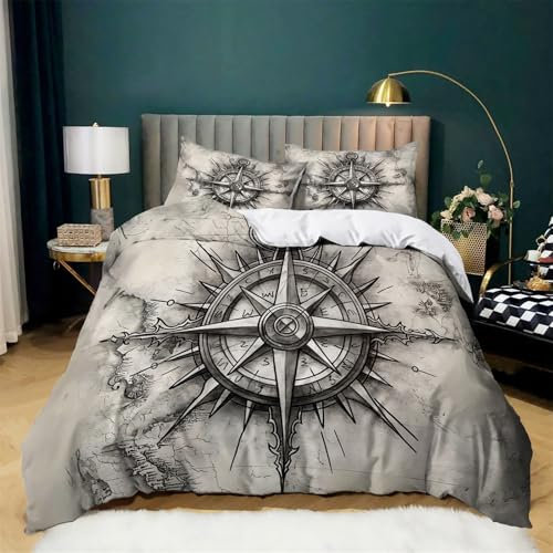 CozyRest Bettwäsche Set 135x200 cm Alte Kompass-Weltkarte Bettbezug Set Weiche Microfaser Fantasy-Malerei Deckenbezug mit Reißverschluss und 2 Kissenbezug 80x80cm