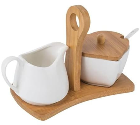 FUIERI 10pcs Weiße Sahne & Zucker Set, Keramik Zucker und Milchkännchen Set, Sahne Krug und Zuckerdose mit Deckel Löffel Tablett für Kaffee Serving Set,Weiß