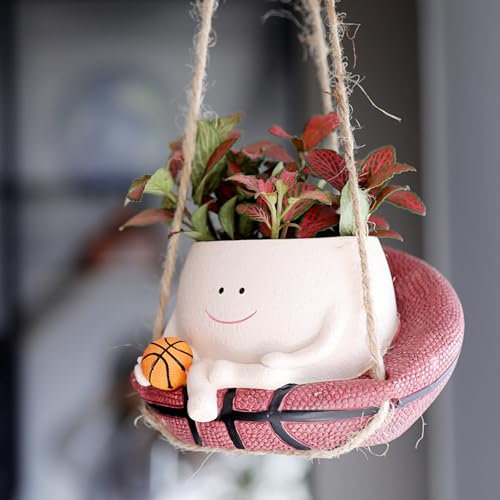 UMESONG Swing Face Planter Pot Hanging Resin Flower Head Planters for Indoor Outdoor Plants Succulent Pots with Basketball Gift Ideas for Mother, Christmas