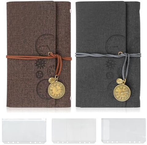 Mulaibdin 2 Stk Notizbuch Leder, Vintage Reisetagebuch, Leder Tagebuch für Erwachsene, Ringbuch A6 Nachfüllbar Antikes, Travelers Notebook mit Bindertaschen, Journal Buch für Geschenke (Braun/Schwarz)