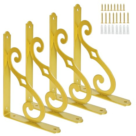 Z metnal Goldene Regalhalterungen, 200 mm, dreieckige Regalhalterungen, Wandmontage, Regalträger für Gerüstbretter, moderne Messing-Metall-Eckstrebe für DIY-Regale, S-Wanddekoration, 4 Stück