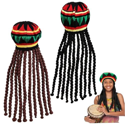 Jamaikanischer Hut, 2pcs traditionelle gestrickte weiche Rasta -Hut mit 18 Zoll langem schwarzer und brauner Dreadlock farbenfrohe, komfortable elastische lustige Dreadlock -Perücke für Party, Cospla