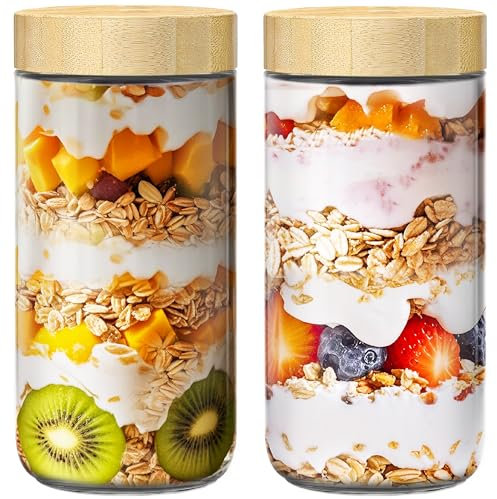 24oz Overnight Oats Containers with Lids, Glass Jars with Bamboo Lids, Glass Meal Prep Jars with Airtight Lids for Yogurt, Salad, Chia, Wide Mouth Mason Jar with Lid for Food Storage - 2 Pack