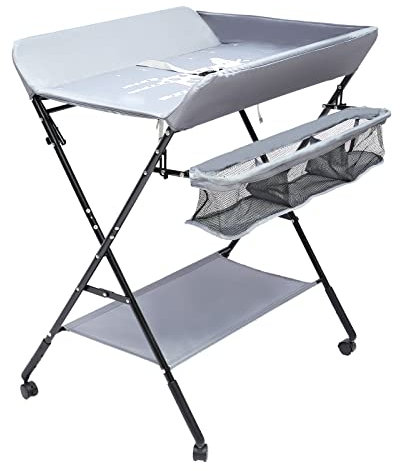 Pinuox Mobile Wickeltisch, Klappbar Tragbar 3-in-1 Wickeltisch mit Aufbewahrungskorb, Sicherheitsgurt und 4 Rollen, höhenverstellbar, max. Belastung 25 kg (Grau)