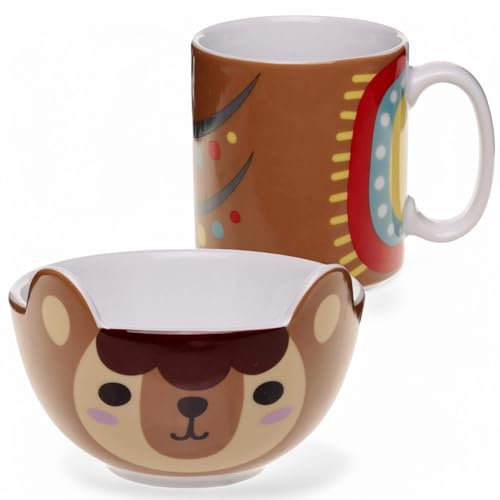 MIJOMA Kinder Geschirr-Set aus Porzellan – Tasse & Schale im süßen Tier-Design – Spülmaschinen- & mikrowellengeeignet (Lama)