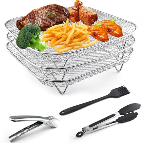 Air Fryer Rack 304 Rejilla de Acero Inoxidable, Bandeja para freidora de aire, 3 capas, apilable, deshidratador, con pinzas, cepillo y pinzas para alimentos, para horno, microondas, hornear, freidora