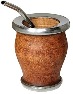 Taza Mate Argentino Natural Hecho a mano en Madera de Algarrobo Natural con Borde Liso de Metal Pulido, Mate con Bombilla, Gourd mate cup
