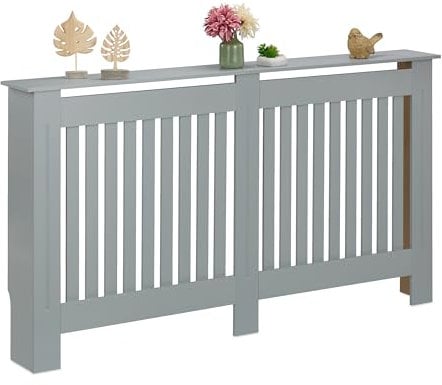 Relaxdays Heizkörperverkleidung Landhausstil, HBT 83x152x19 cm, für alte Heizkörper, Heizungsabdeckung Regal, MDF, grau