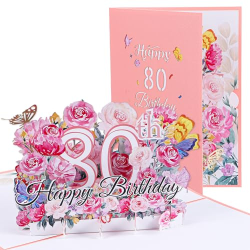 Nogeqi Geburtstagskarte 80 Frau 3D Blumen Pop Up Karte Geburtstag, Geschenk Zum 80 Geburtstag Popup Karten Jubiläumskarte Mit Happy Birthday Schriftzug für Mütter, Familie Frauen (18 x 13 Cm)