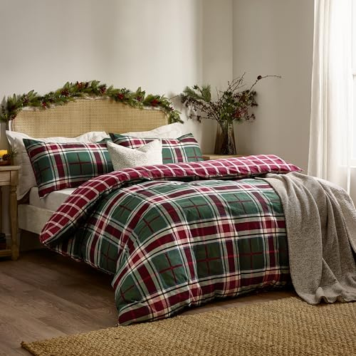 furn. Wylder Braemar Check Duvet Cover Set (Berry/Pine - Double) | Reversible 100% Soft Brushed Cotton Cosy Heritage Check Bedding