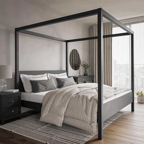 Luvon Victoria Four Poster Bed Frame – Solid Pine – Painted Finish – Classic Canopy Style – Slatted Wooden Base – Elegant Bedroom Furniture (Black, Super King)