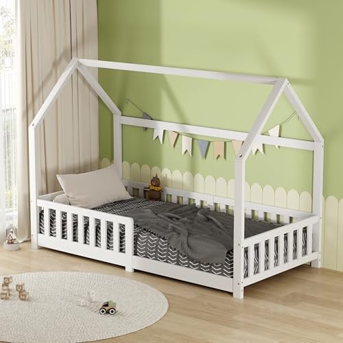 AVC Designs Junior Wooden House Bed Toddler Solid Pine Wood Modern Children Kids Junior Bed Frame White