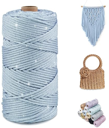 CAMAL Glitzern Makramee Garn 3mm x 100m Metallisch Garn für Taschen Häkeln & Stricken, Polyester Rope Luxus Häkelgarn für Taschen, Puppen, Decken, DIY-Dekoration (Himmelblau-Silber)