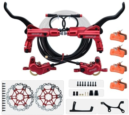 HZXQCVB Set Freni A Disco Idraulici per E-Bike A 2 Pin E 4 Pistoncini con Rotori da 203mm Kit Freni per Mountain Bike Include Pastiglie Freno E Adattatore Anteriore/Posteriore 2300mm(Red-203mm)