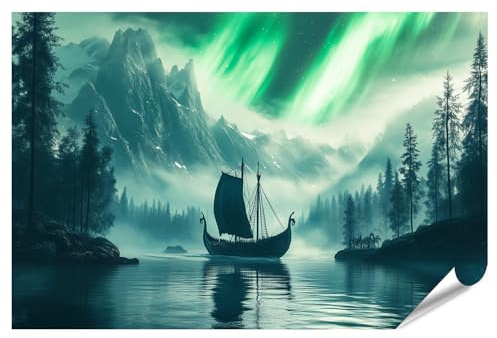 islandburner Poster Nordlichter über mystischem Wikingerschiff - Poster 130x90cm