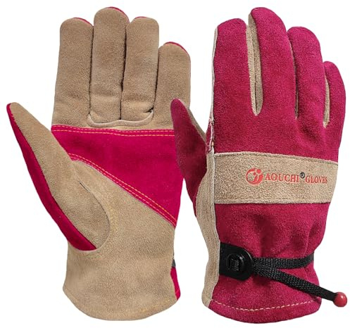 AOUCHI Damen-Lederhandschuhe für Gartenarbeit, Arbeit, Rindsleder, dornensichere Handschuhe Schweißhandschuhe mit Baumwollfutter zum Jäten, Beschneiden, Hofarbeiten (Rosenrosa, X-Small)