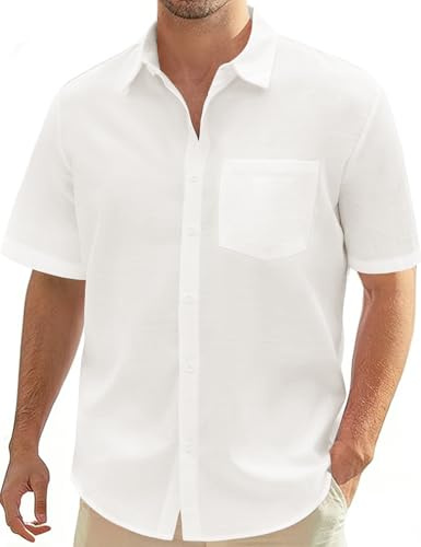 Lonya Men's Linen Cotton Shirts Summer Short Sleeve Regular Fit Shirt Casual Smart Button Down Tops Work Holiday Beach Shirt with Pocket