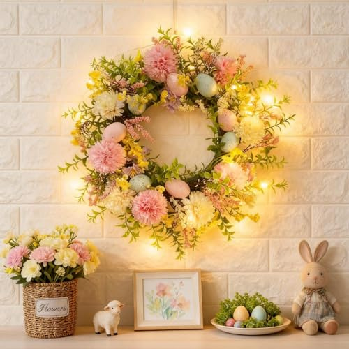 Türkranz Frühling mit LED Lichterkette 40cm Ostern Frühlingskranz Beleuchtet mit Pfingstrose Chrysantheme Rose Türdeko zum Aufhängen für Innen und Außendekoration (B)