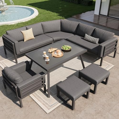 YEHTOKHOME Salon de Jardin Extérieur 8 Personnes, Ensemble Modulaire avec 3 Canapé 2 Places, 1 Fauteuils, 2 Tabouretet, Table en Verre Trempé, Mobilier de Jardin pour Jardin, Balcon(B-Noir)