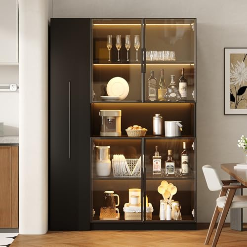 kozamas Vitrine en verre avec éclairage LED et étagères extensibles – Vitrine étroite 110 x 30 x 160 cm en noir, avec étagère centrale ouverte, charnières à fermeture amortie, protection